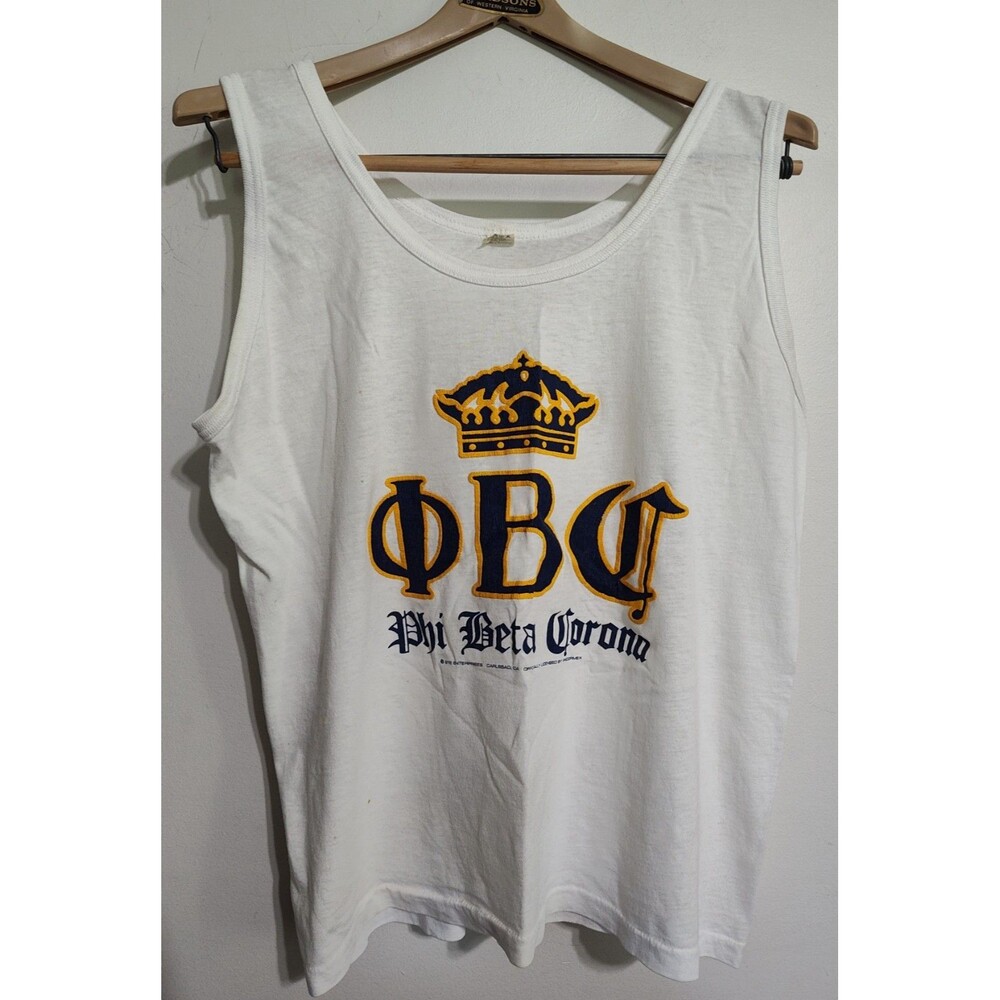 Vintage 80s Phi Beta Corona Fraternity Tank Top Graphic Print Surfer Beach Bar L